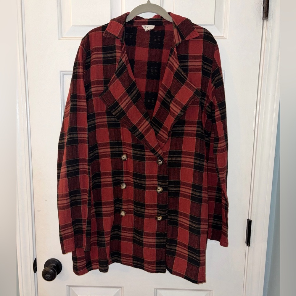 POL Red Plaid Double Breasted Lightweight Cotton Blazer Jacket Womens Size L